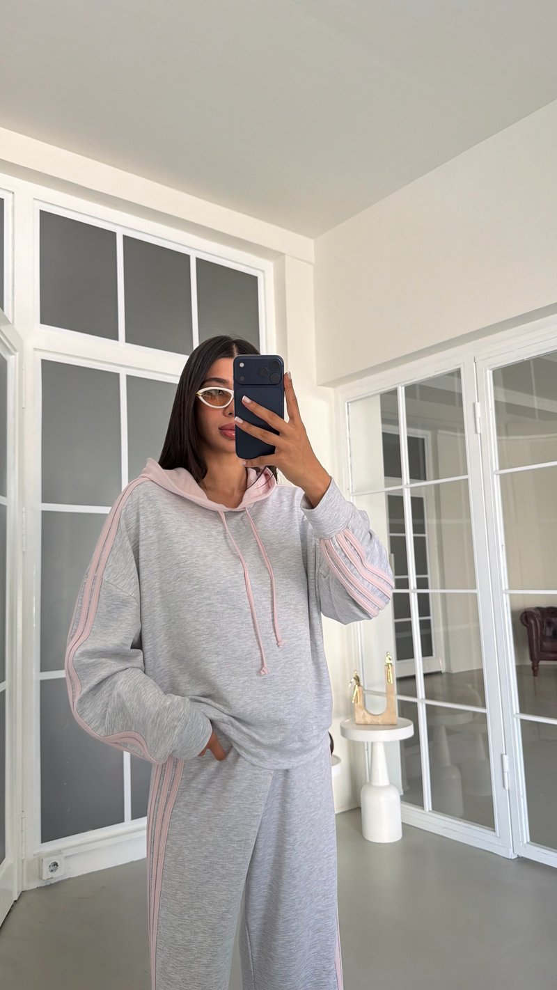 Pembe Kapüşonlu Sweatshirt Beli Lastikli Eşofman Şerit Detaylı Takım GAUS-01995