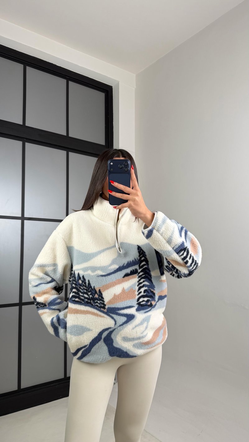 Mavi Fermuarlı Ağaç Desenli Polar Sweatshirt GAUS-00723 GAUS-01021