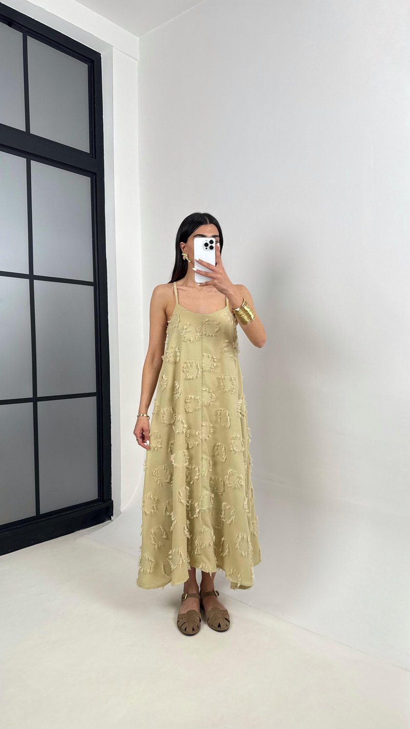 Soft Yeşil Püskül Detaylı Askılı Astarlı Keten Elbise Gaus00392