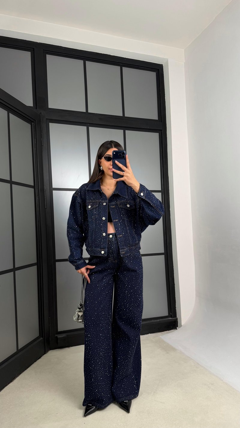 Lacivert Premium Taşlı Denim İkili Takım GAUS-01191