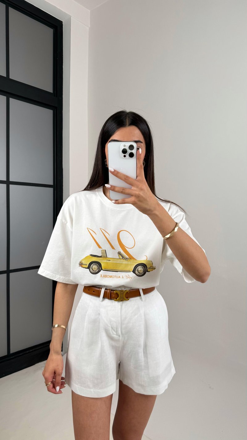 Beyaz Araba Baskılı Basic Tshirt Gaus00415