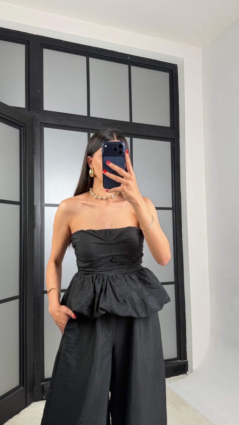 Siyah Balon Bluz Beli Lastikli Şalvar Pantolon İkili Premium Takım GAUS-01569