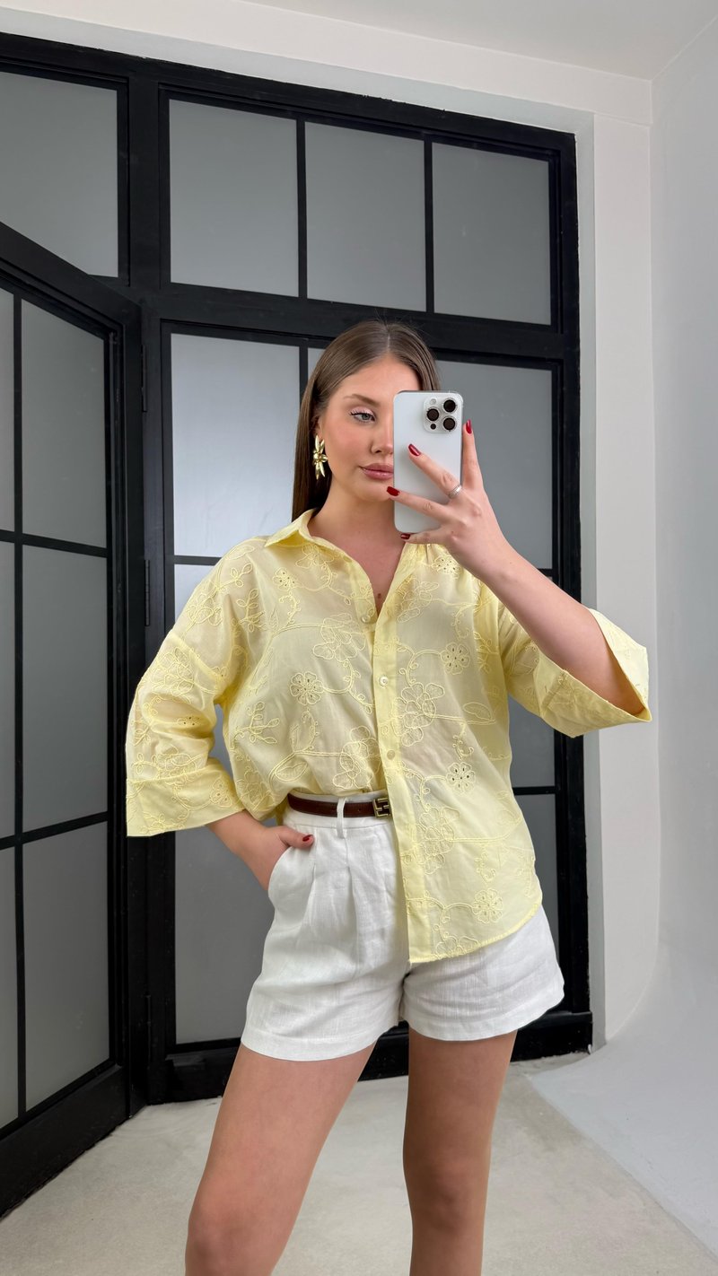 Sarı Çiçek Nakışlı Pinterest Gömlek GAUS-01268
