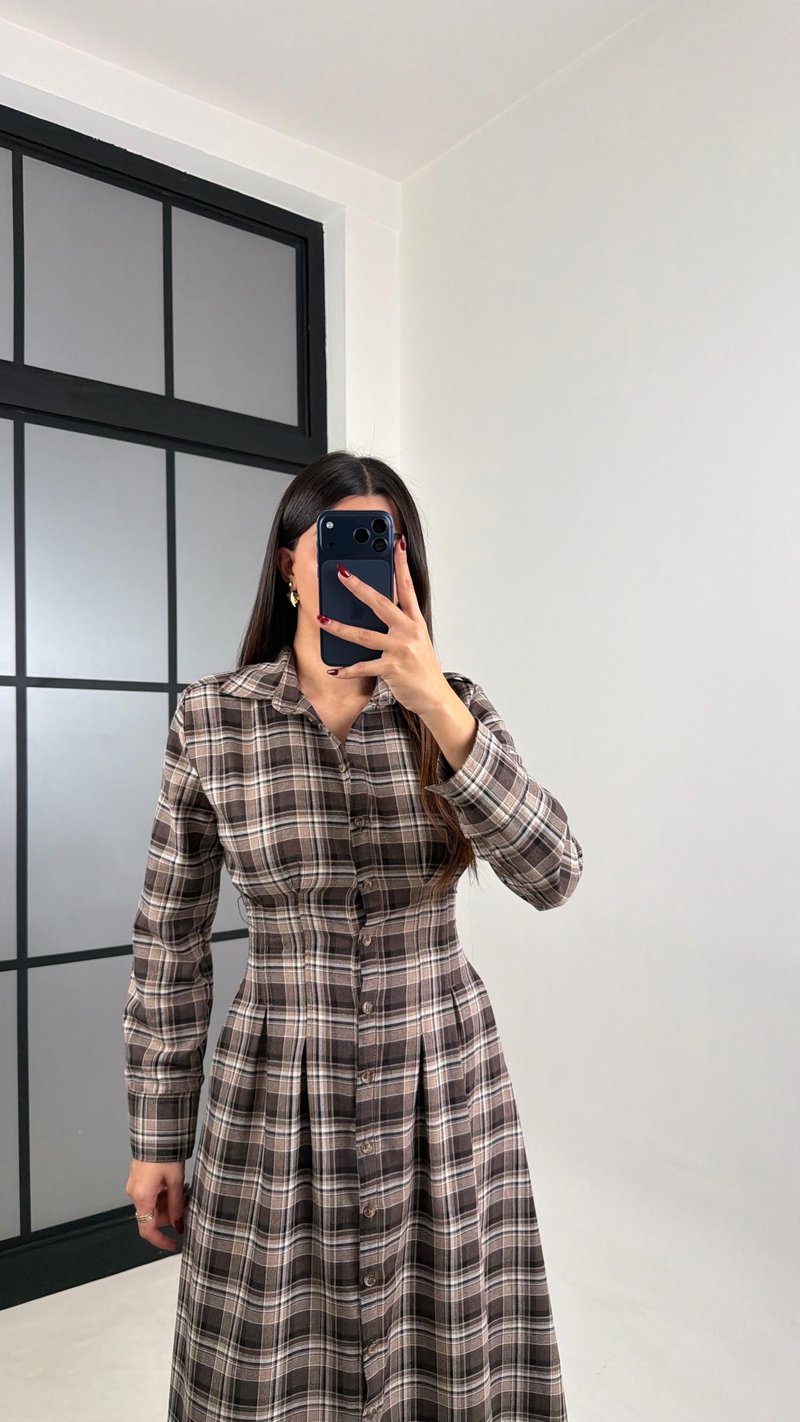 Kahve Belden Oturtmalı Ekose Elbise GAUS-00762