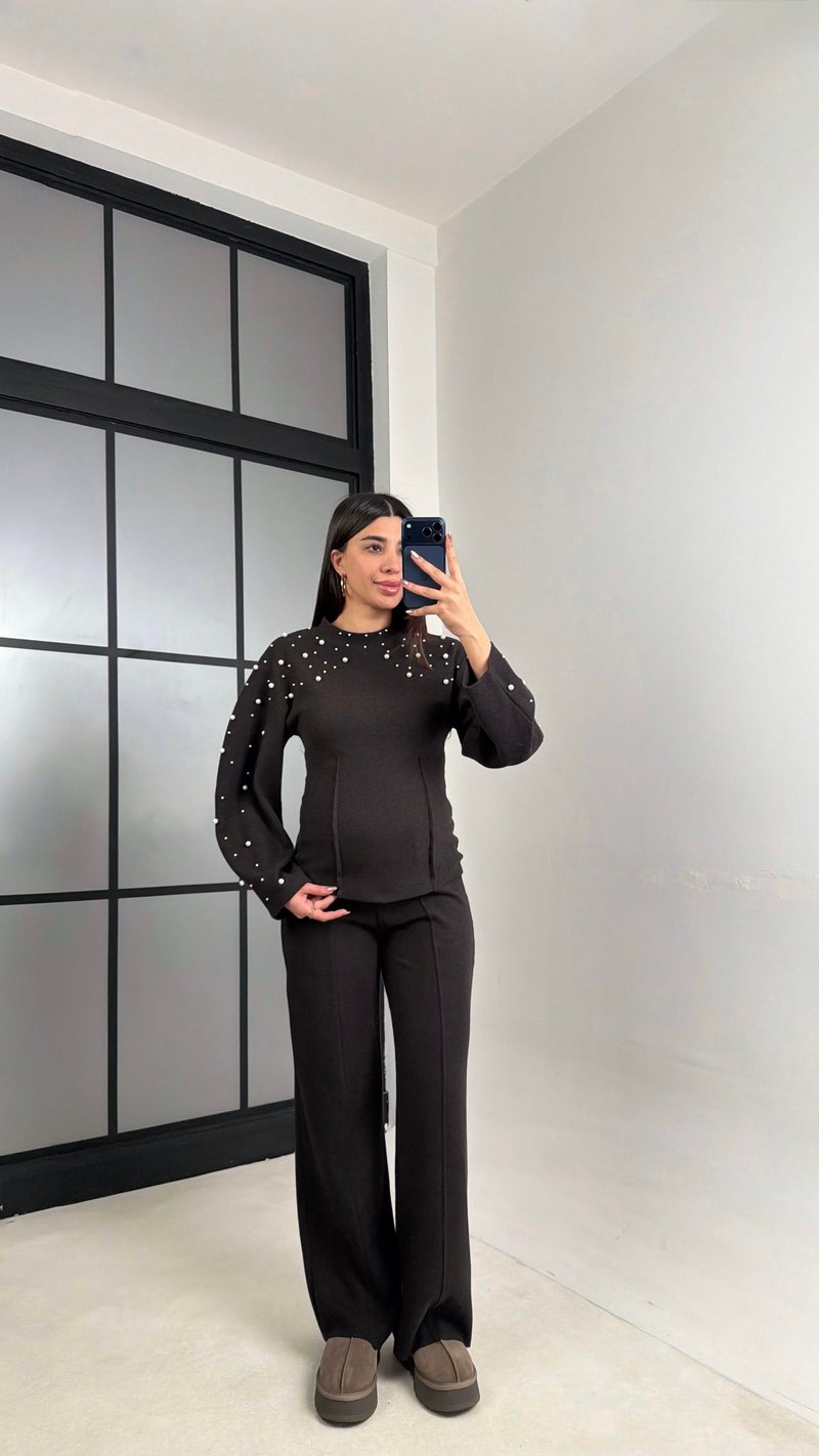 Acı Kahve İnci İşleme Detaylı Kazak Pantolon Selanik Triko Takım GAUS-01069