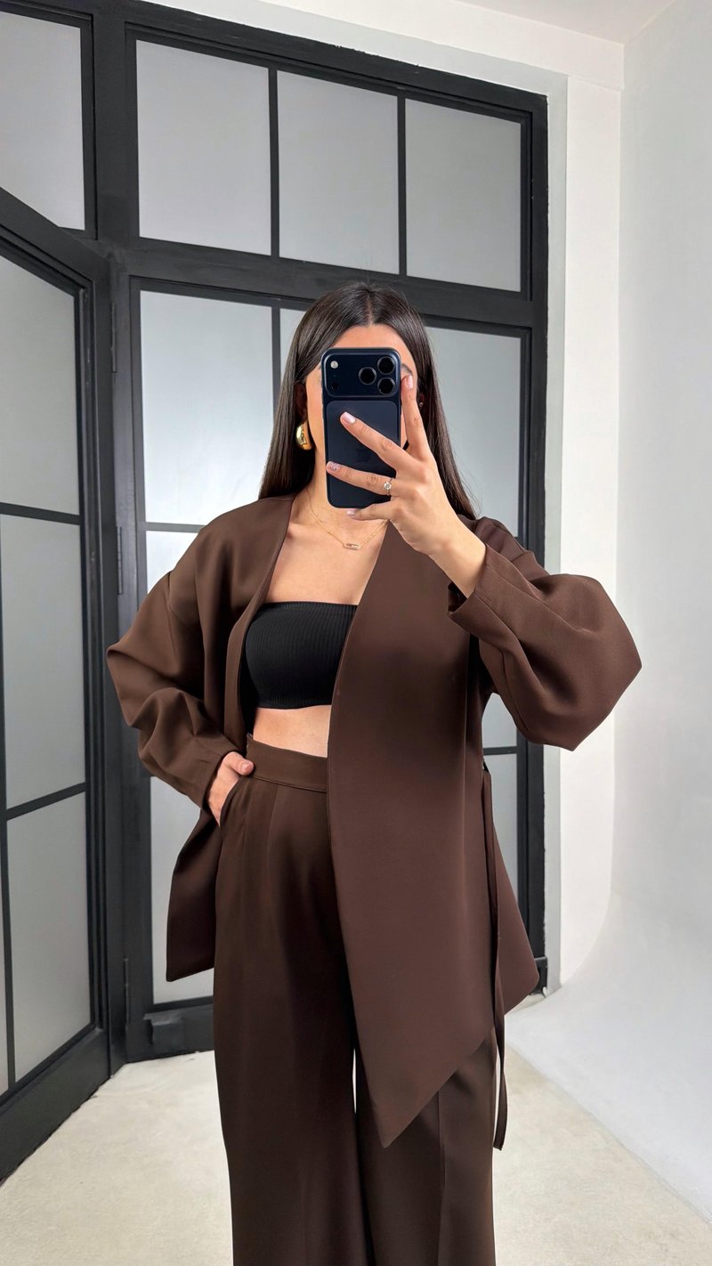 Kahve Belden Kuşaklı Ceket Beli Lastikli Pantolon İkili Takım GAUS-01206