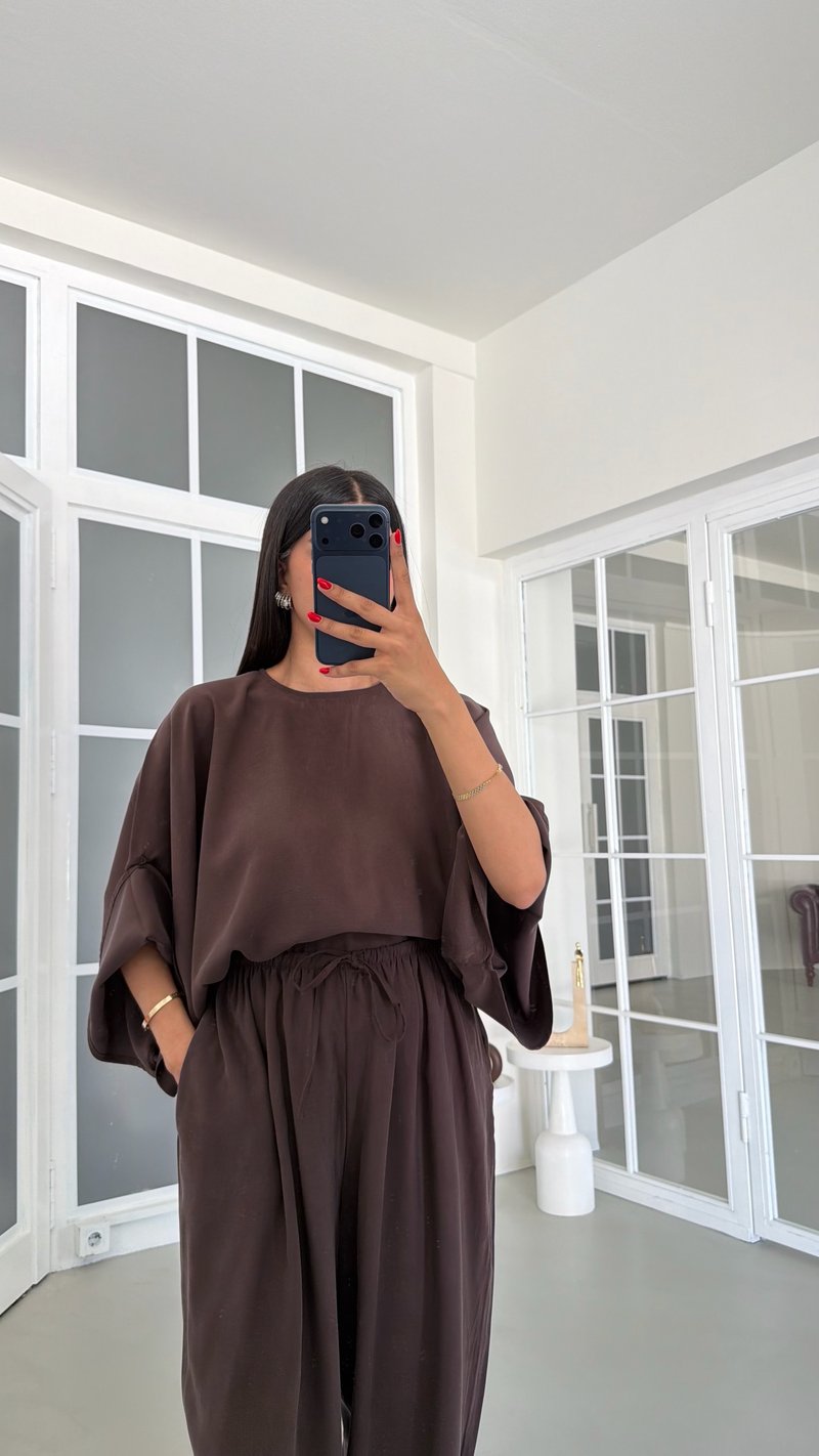 Kahve Yarasa Kol Bluz Beli Lastikli Şalvar Pantolon İkili Tencel Takım GAUS-01840