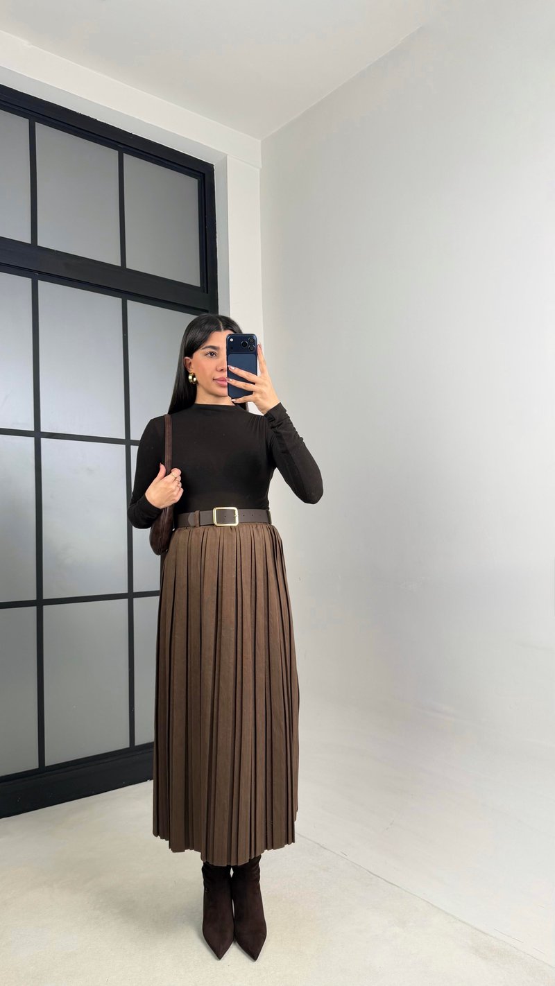 Kahve Astarlı Kemerli Süet Etek GAUS-01080