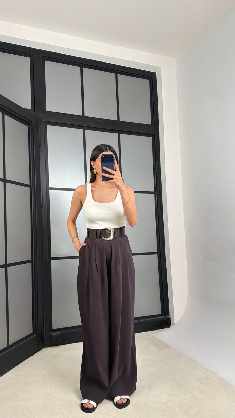 Kahve Kemerli Geniş Paça Pantolon GAUS-01339