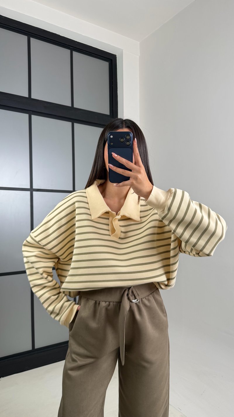 Haki Polo Yaka Çizgili Sweatshirt GAUS-00827