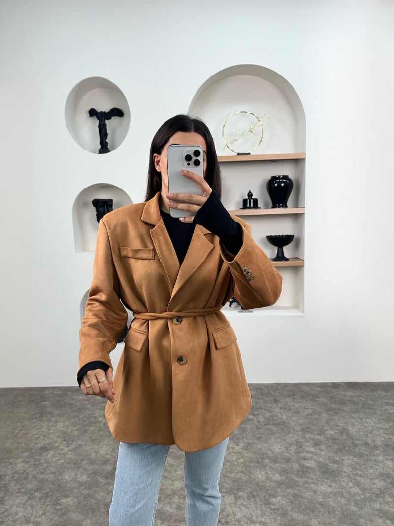 Taila Camel Astarlı Kemerli Süet Blazer Ceket