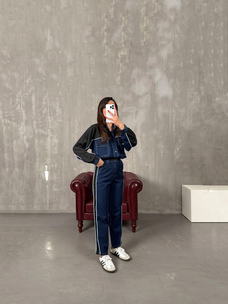 Lotus Koyu Mavi Beli Lastikli Garnili Denim Takım