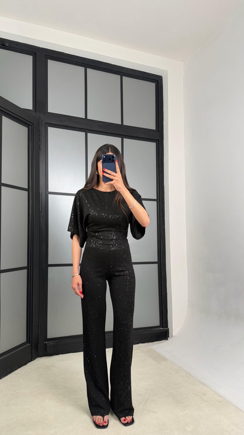 Siyah Simli Bluz Beli Lastikli Pantolon İkili Takım GAUS-01554