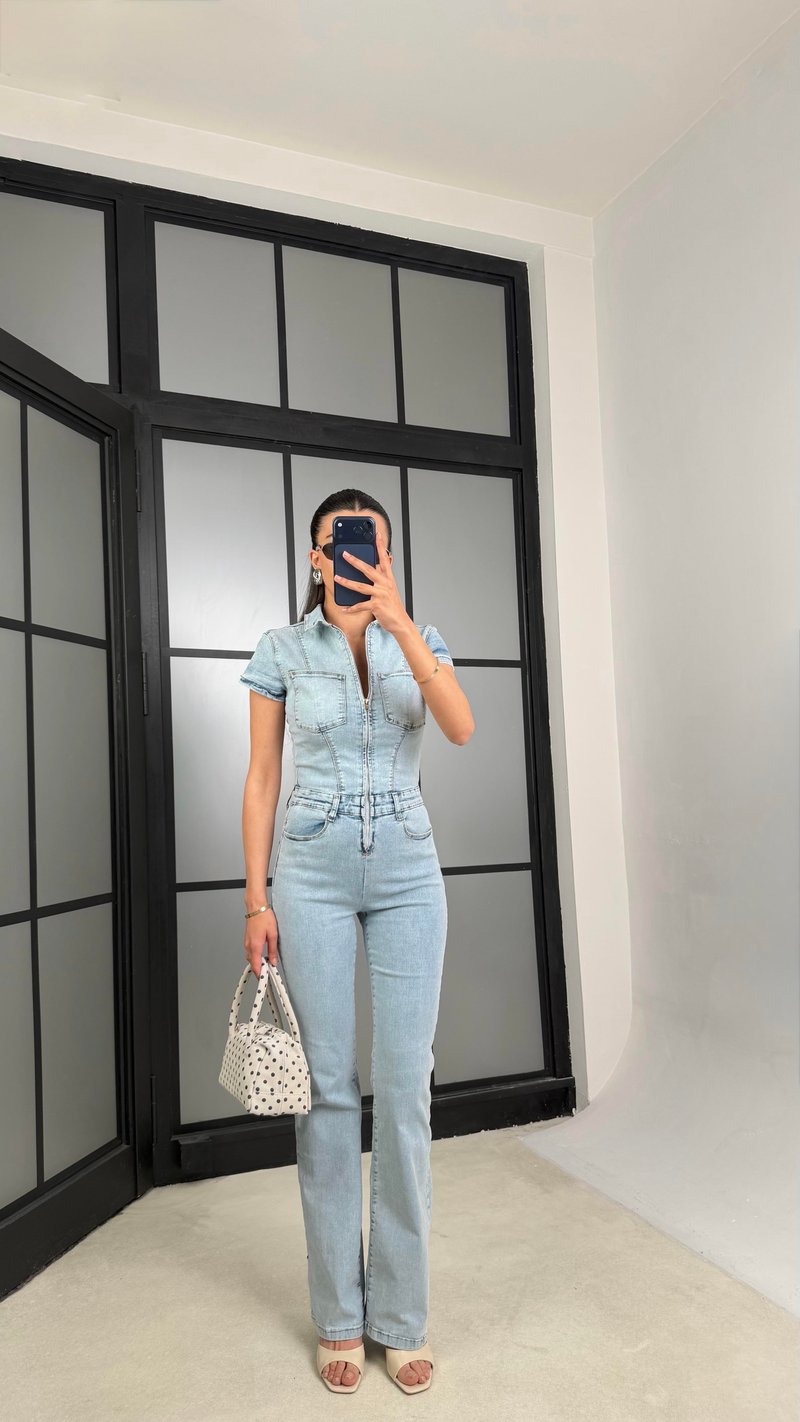 Açık Mavi İspanyol Paça Likralı Denim Tulum GAUS-01466