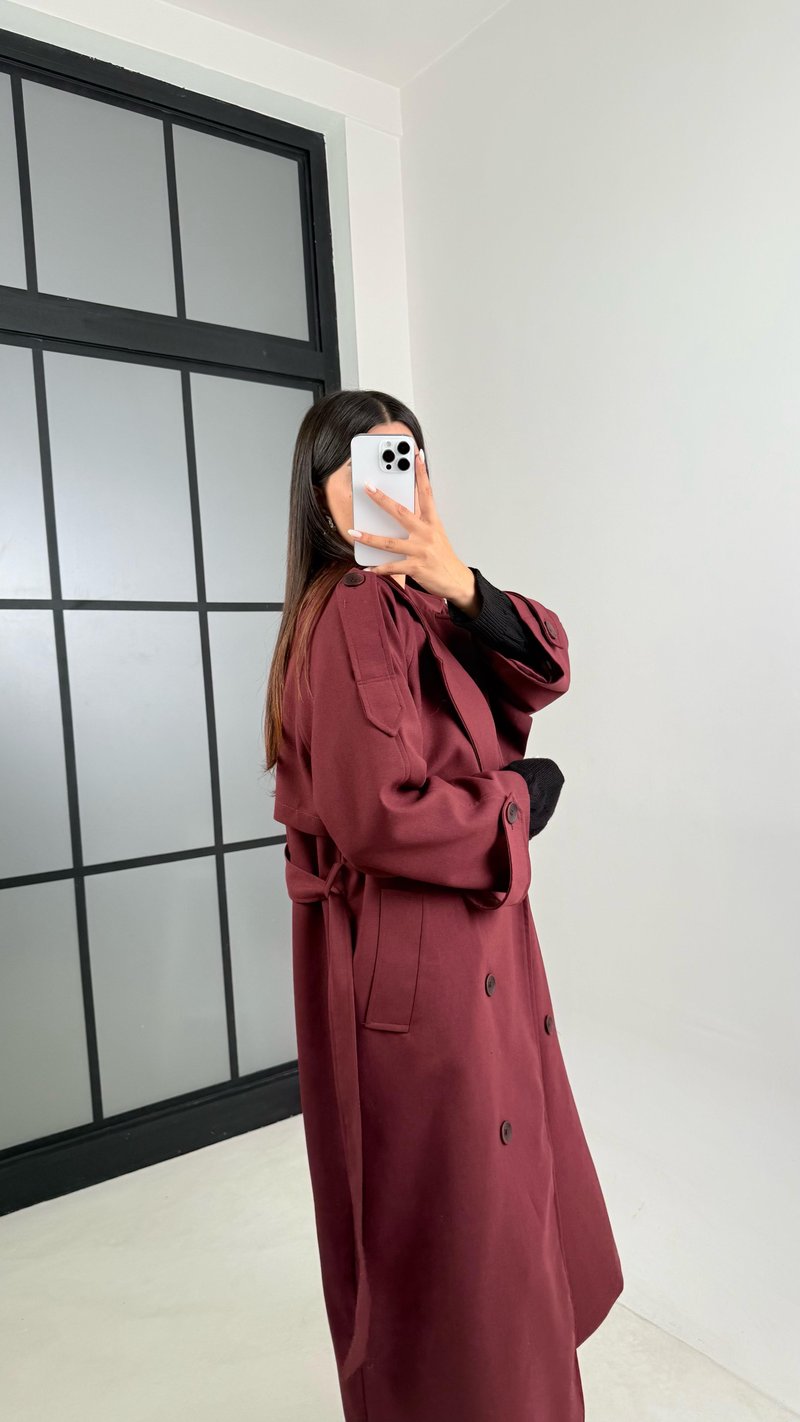 Bordo Astarlı Kuşaklı Premium Trençkot GAUS-00516