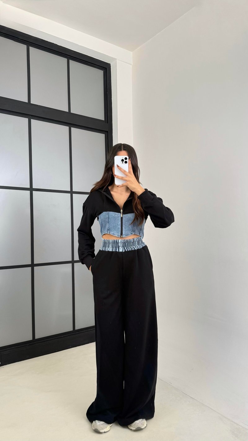 Siyah Denim Detaylı Kapüşonlu Hırka Beli Lastikli Pantolon Tasarım Takım GAUS-00444