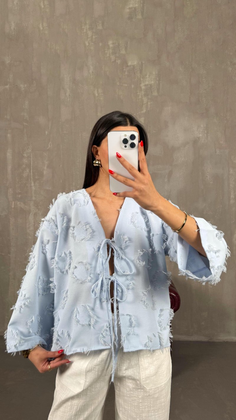 Mavi Zenit Püskül Detaylı Bağlamalı Keten  Gömlek GAUS-01147