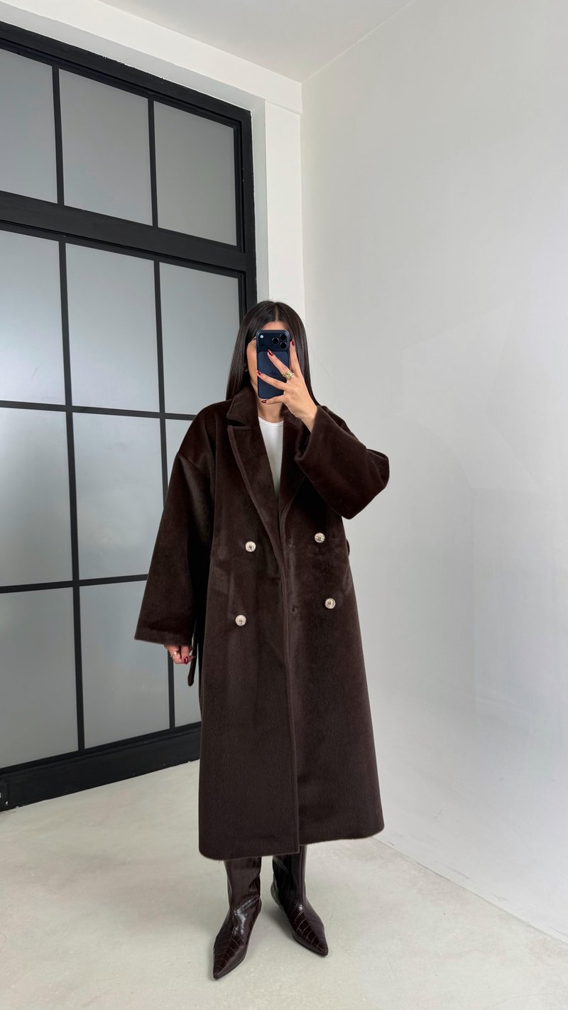 Kahve Astarlı Kuşaklı Premium Peluş Kaban GAUS-00565