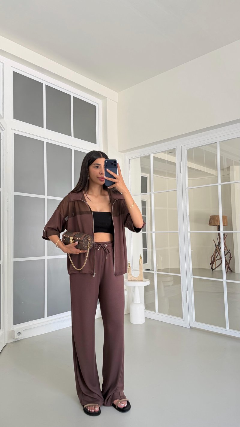 Kahve Fileli Hırka Beli Lastikli Pantolon İkili Modal Takım GAUS-01640