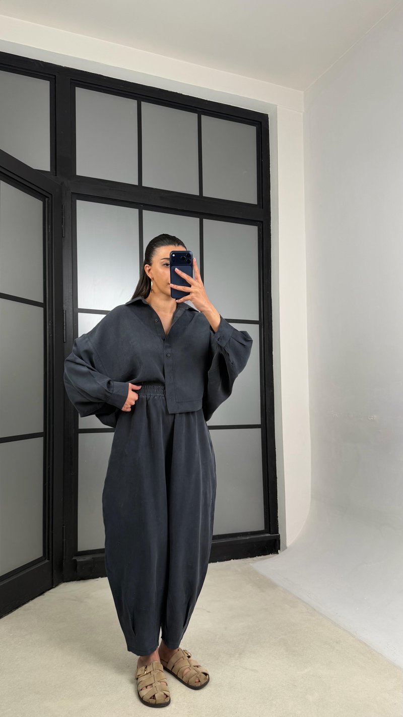 Füme MD Muadil Gömlek Beli Lastikli Şalvar Pantolon Tencel Takım GAUS-01500