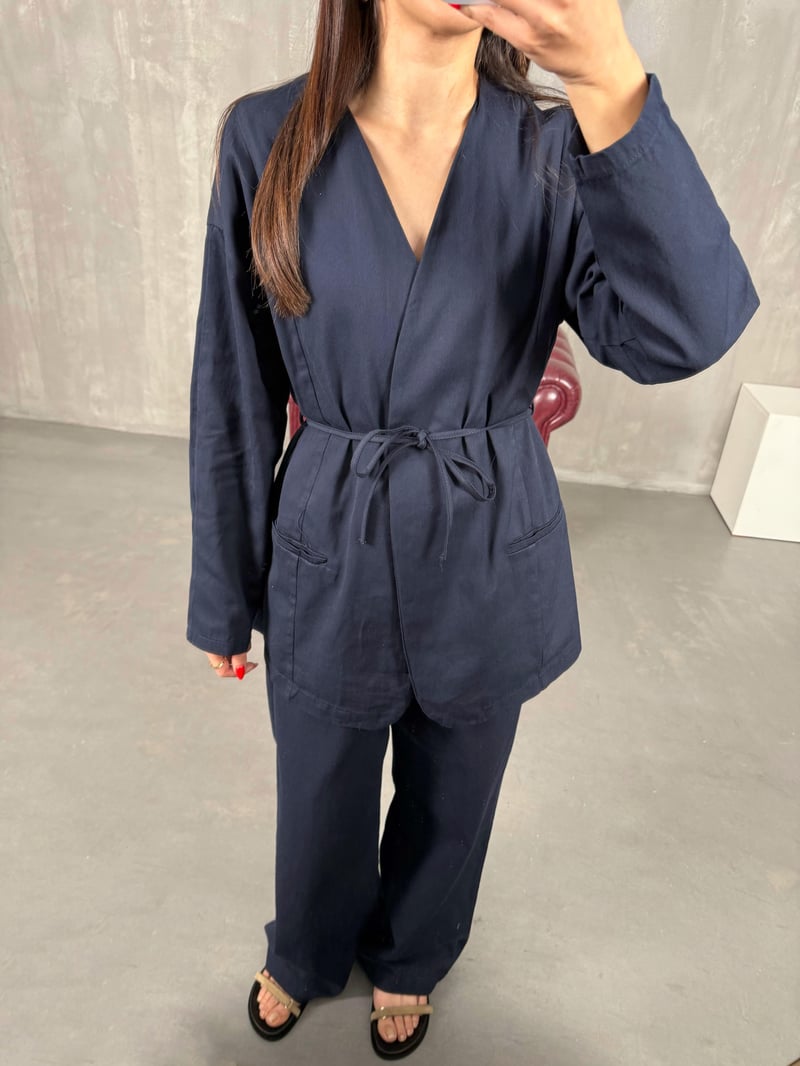 Navy Blue Belted Gabardine Set Gaus00157