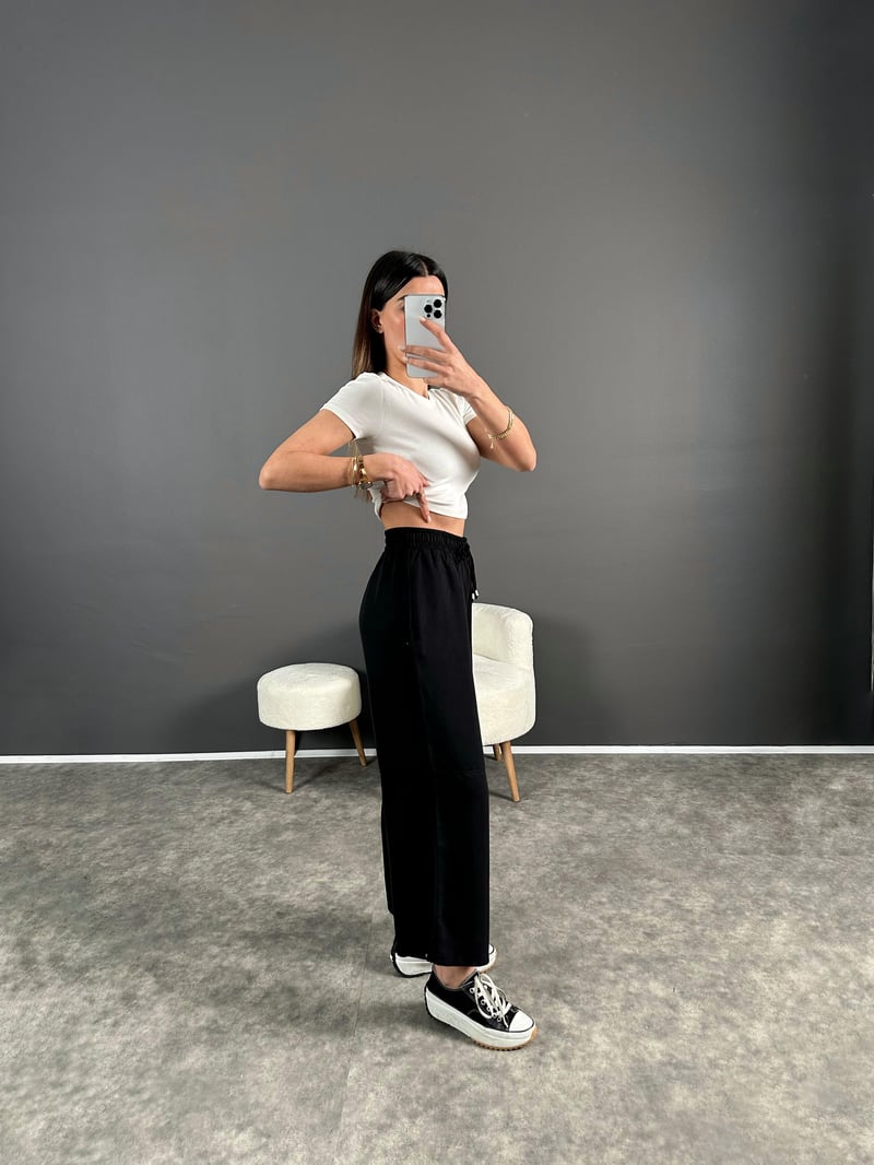 Premium Siyah Tensel Bilekte Bol Paça Pantolon 