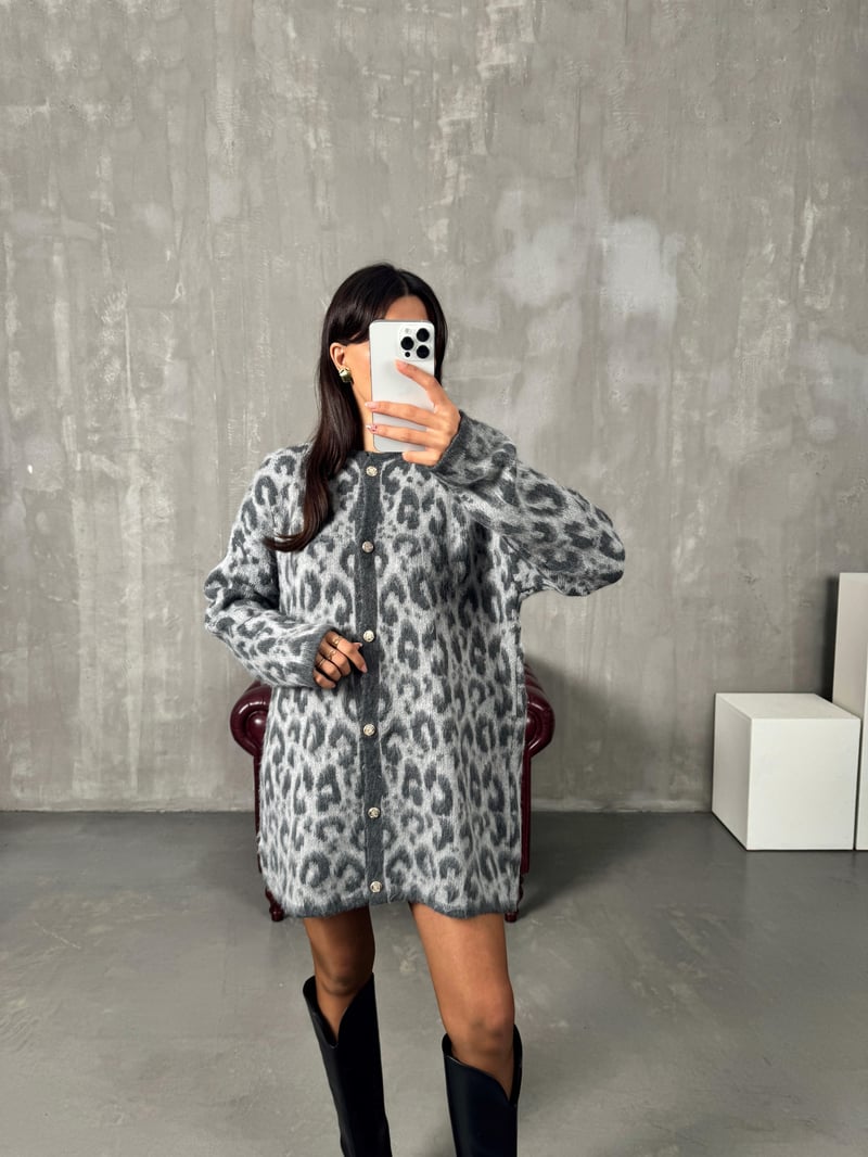 Wud Gri Leopar Desenli Hırka