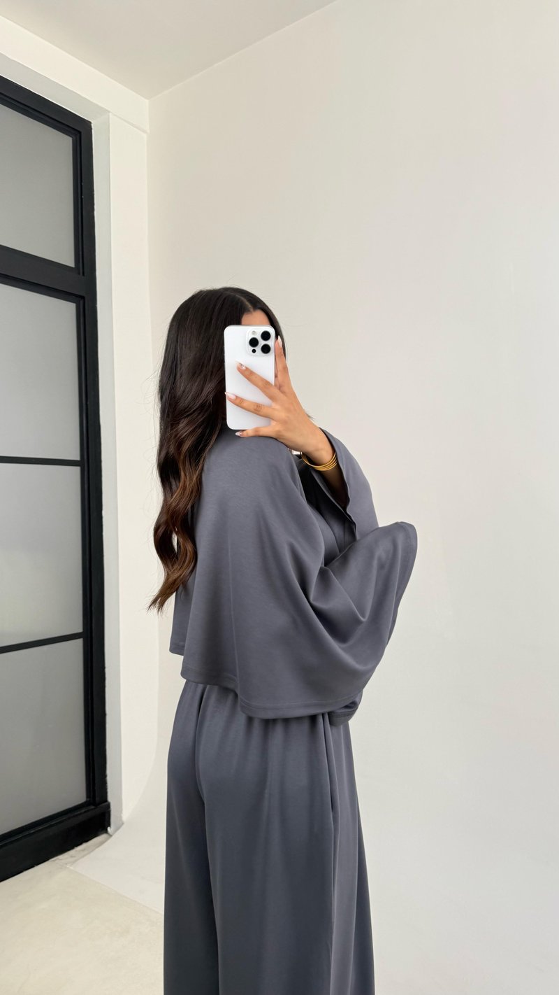 Antrasit Yarasa Kol Crop Beli Lastikli Pantolon OYS Muadil Modal Takım GAUS-0080