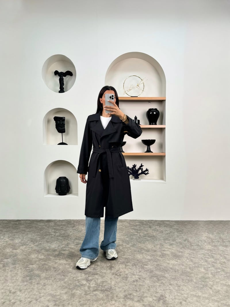 Hana Siyah Premium Kemerli Trençkot