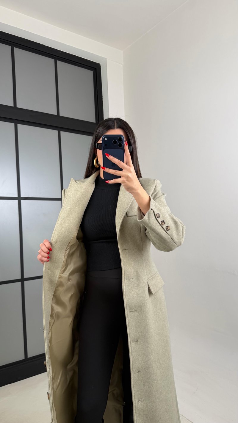 Yeşil Önü Düğmeli Vatkalı Astarlı Premium Kaşe Kaban Gaus-01030