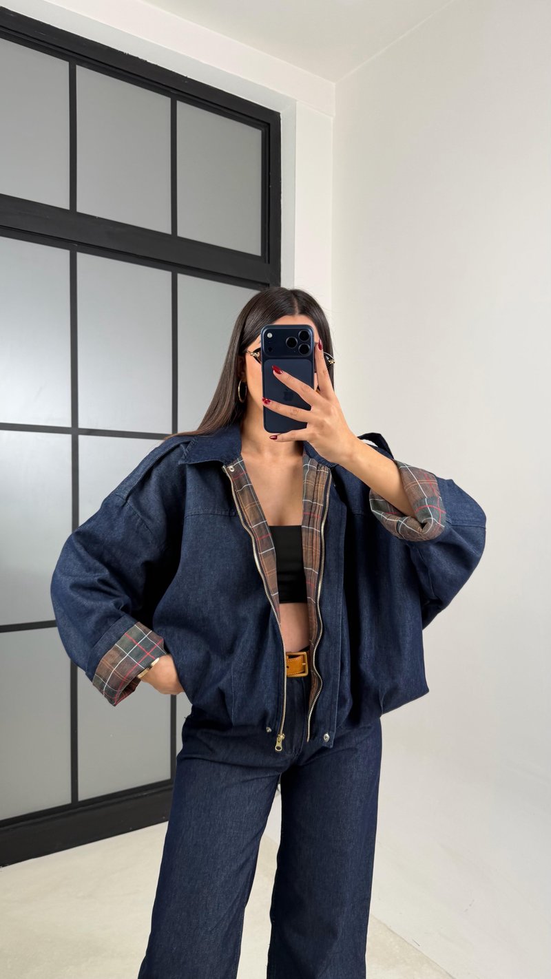 Lacivert Ekoseli Astarlı Bomber Ceket Beli Lastikli Pantolon Denim Takım GAUS-00687