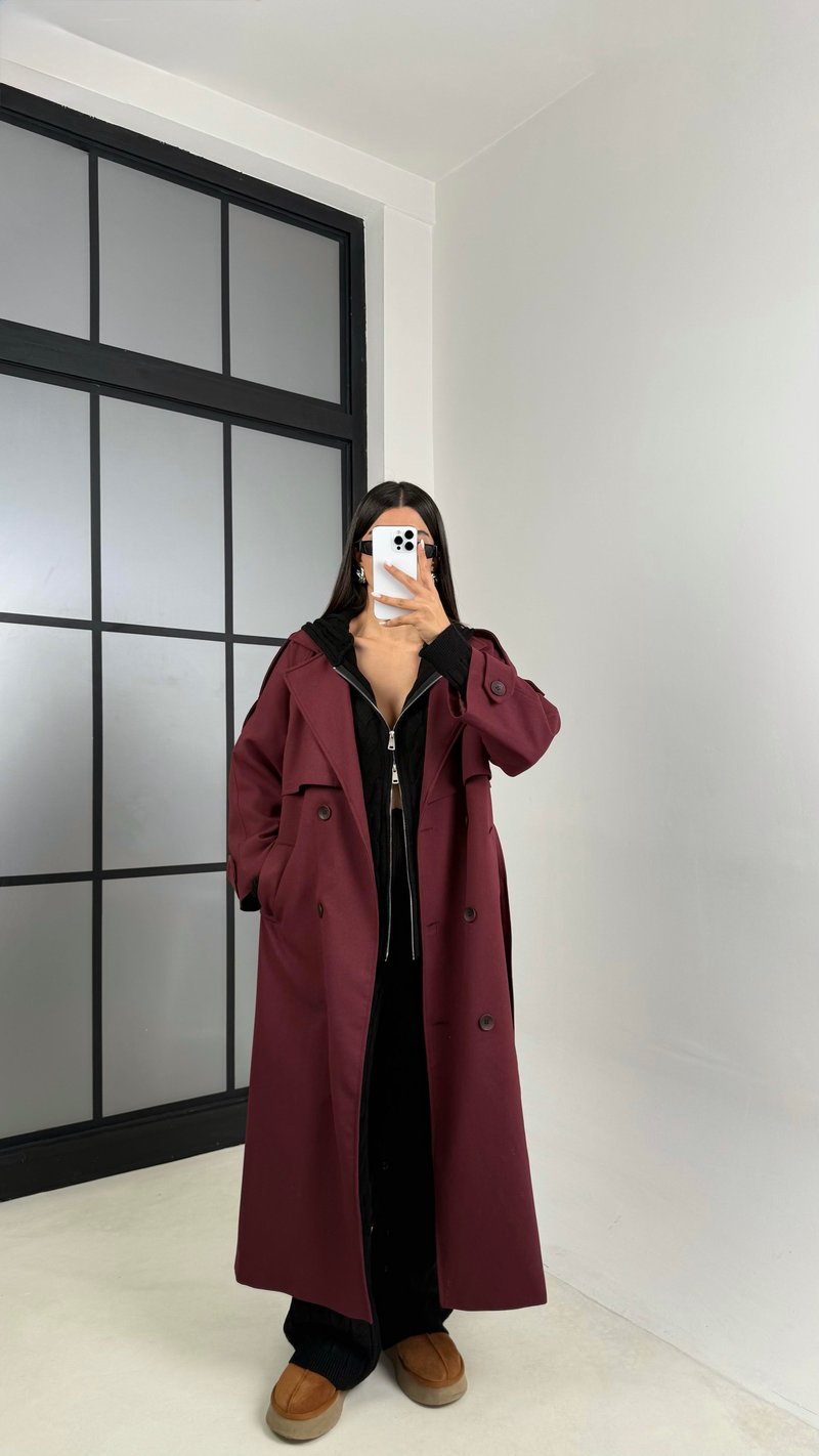 Bordo Astarlı Kuşaklı Premium Trençkot GAUS-00516