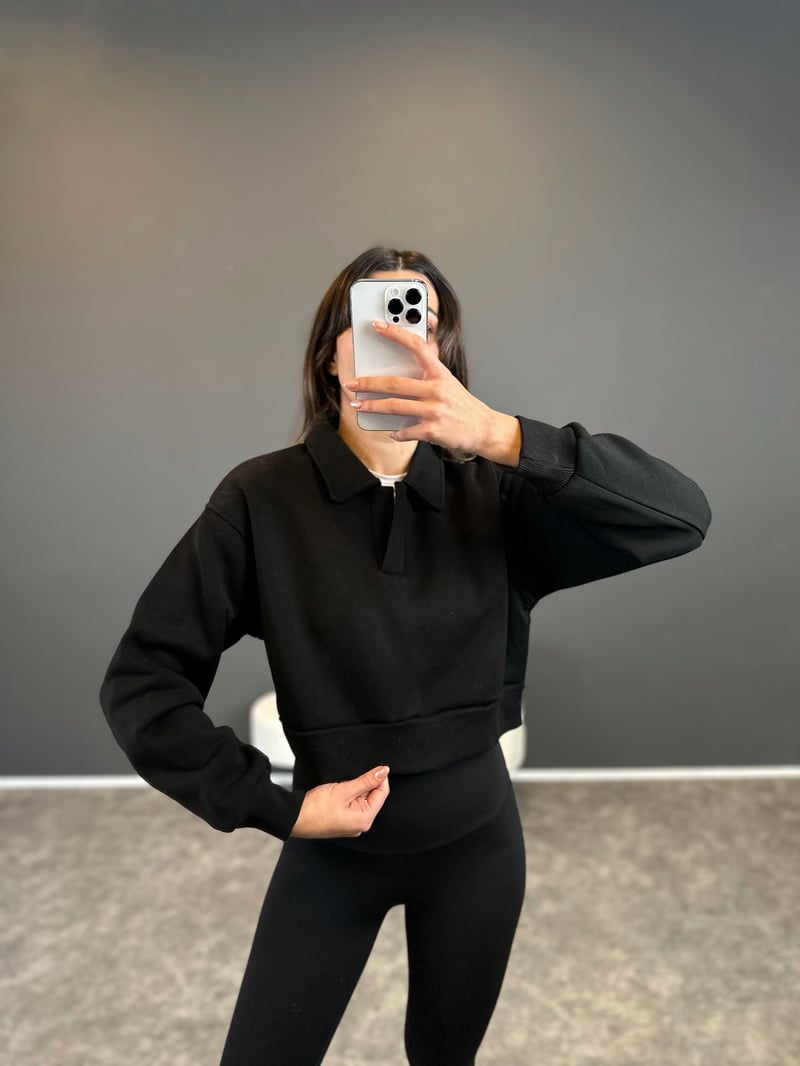 Siyah Polo Yaka Şardonlu Sweatshirt 