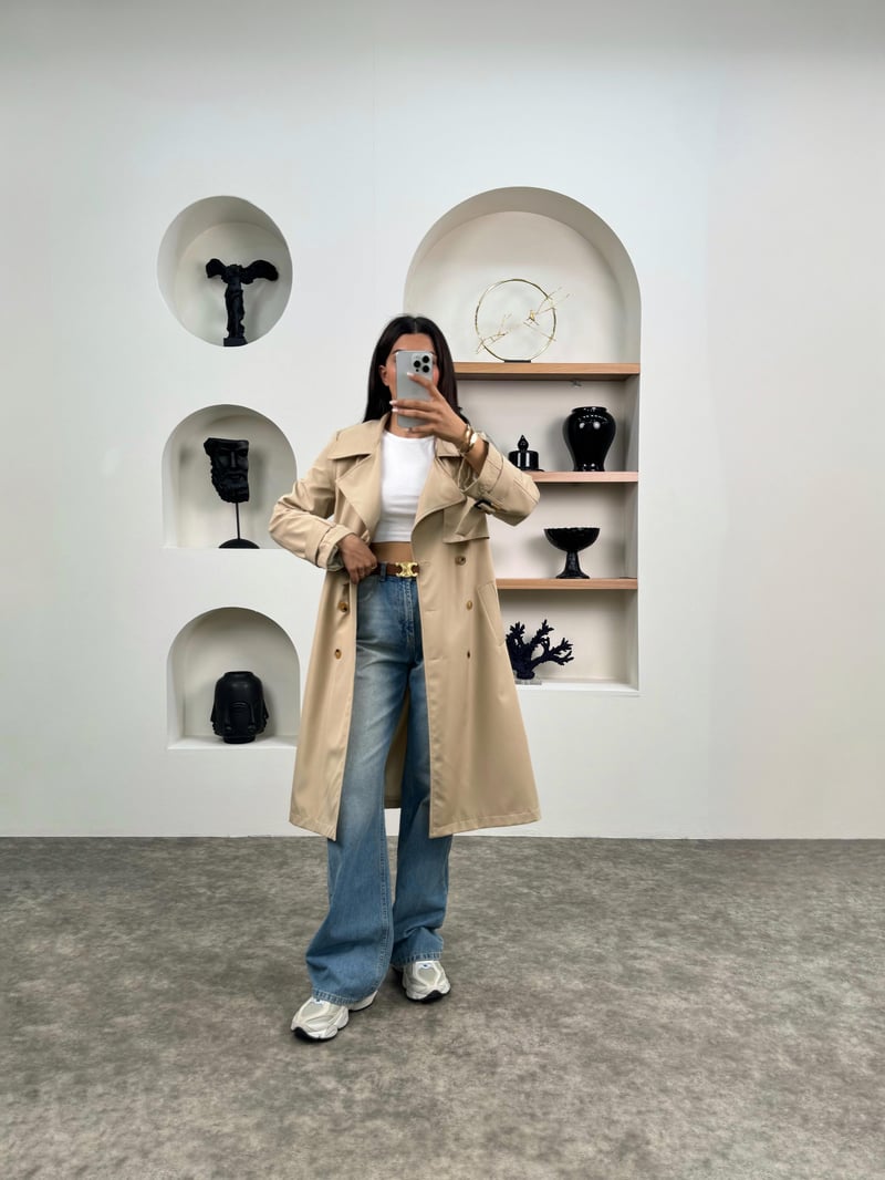 Hana Taş Premium Kemerli Astarlı Muadil Trençkot