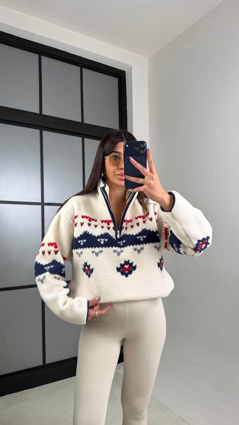 Lacivert Fermuarlı Desenli Polar Sweatshirt GAUS-00723 GAUS-01101