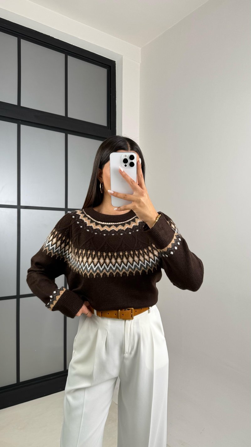 Acı Kahve Desenli Vintage Triko Kazak GAUS-00494