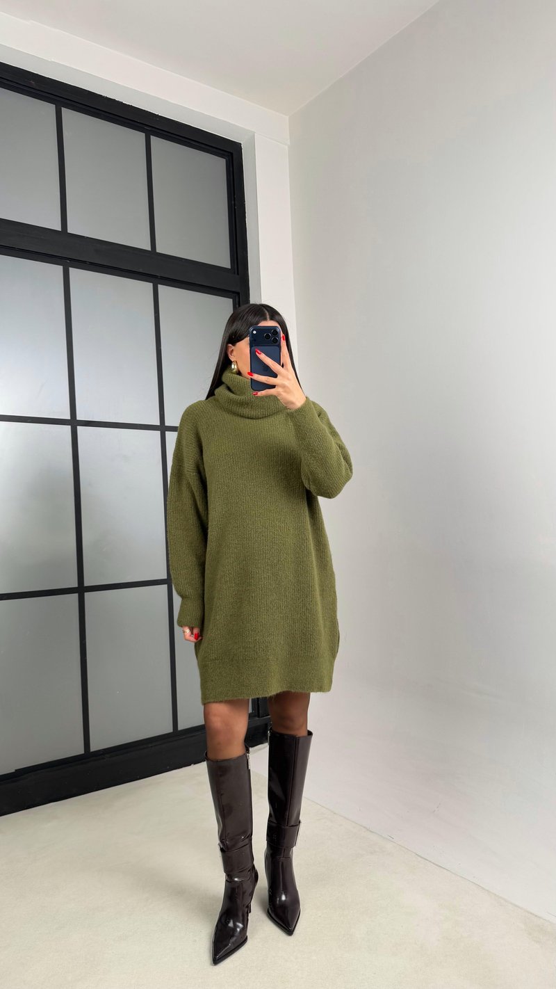 Yeşil Balıkçı Yaka Oversize Triko Elbise GAUS-00900