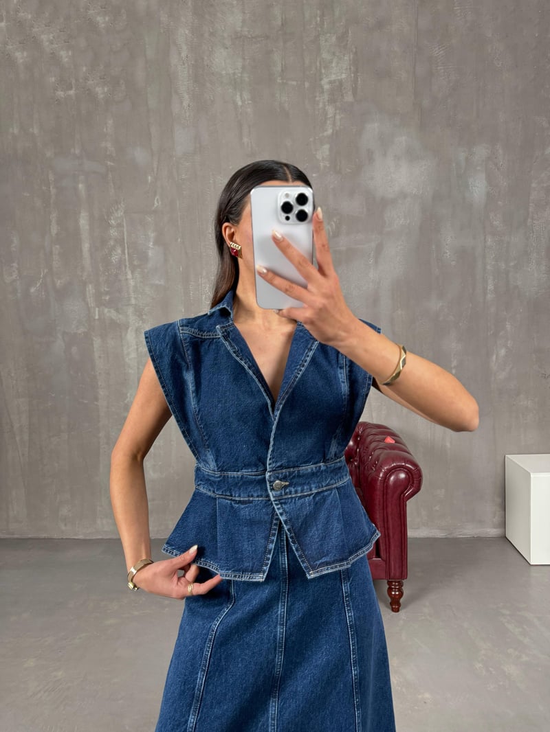 Rose Lacivert Denim Yelek