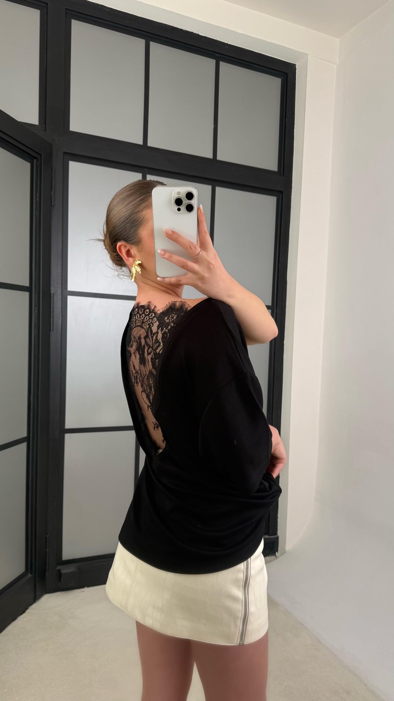 Siyah Arkası Dantel Detaylı Modal Tshirt gaus-01211