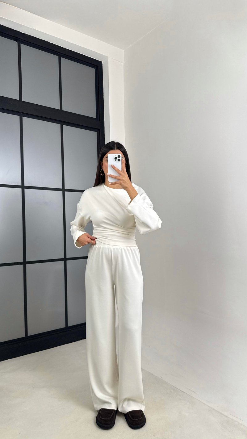 Ekru Yarasa Kol Bluz Beli Lastikli Pantolon Tasarım Modal Takım GAUS-00572