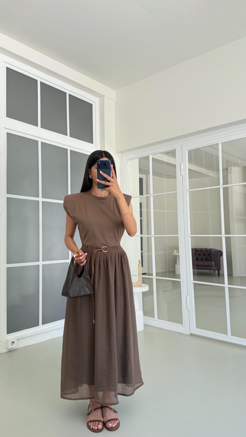 Kahve TWST Model Kemerli Elbise GAUS-01697