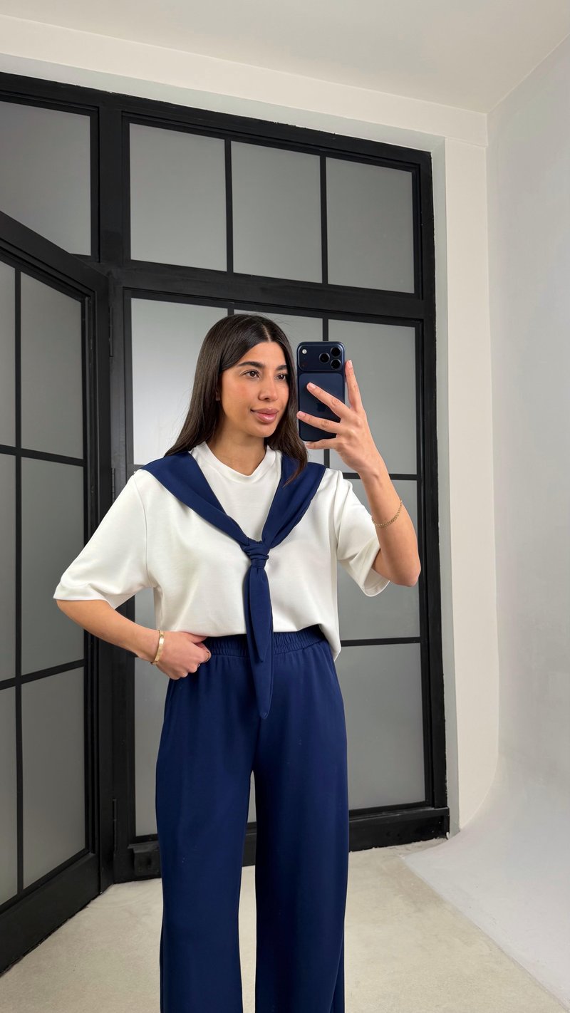 Lacivert Şal Detaylı Basic Tshirt Beli Lastikli Pantolon İkili Eşofman Takımı GAUS-01284