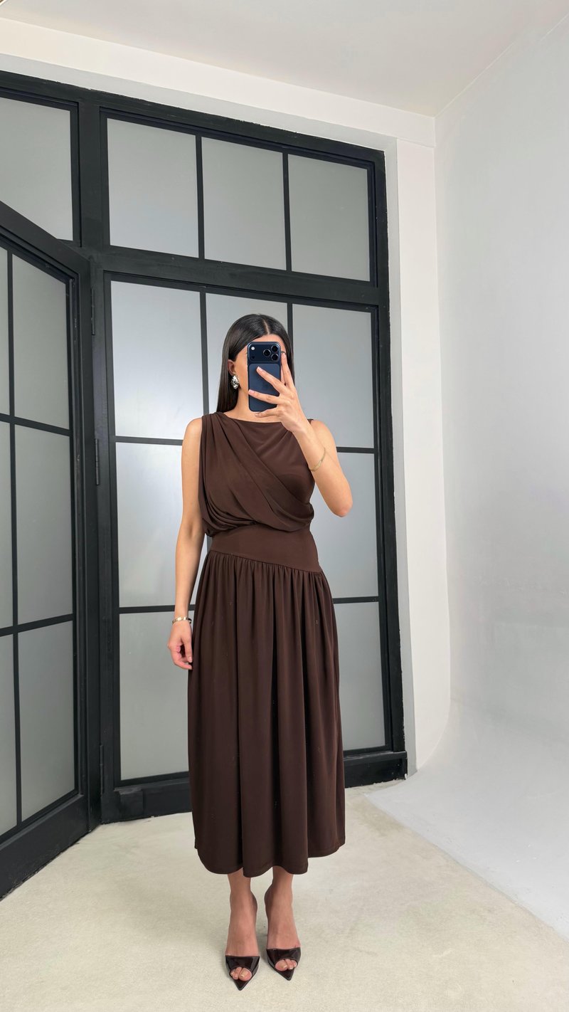 Kahve Sıfır Kol Twst Model Tasarım Elbise GAUS-01362