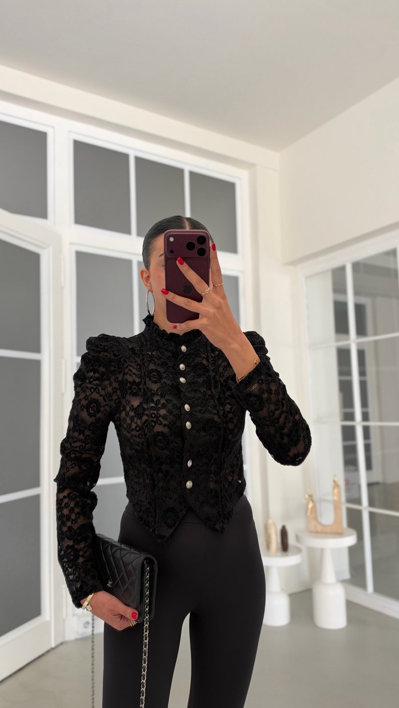 Siyah Vatkalı Yumuşak Dantelli Tasarım Bluz GAUS-02331