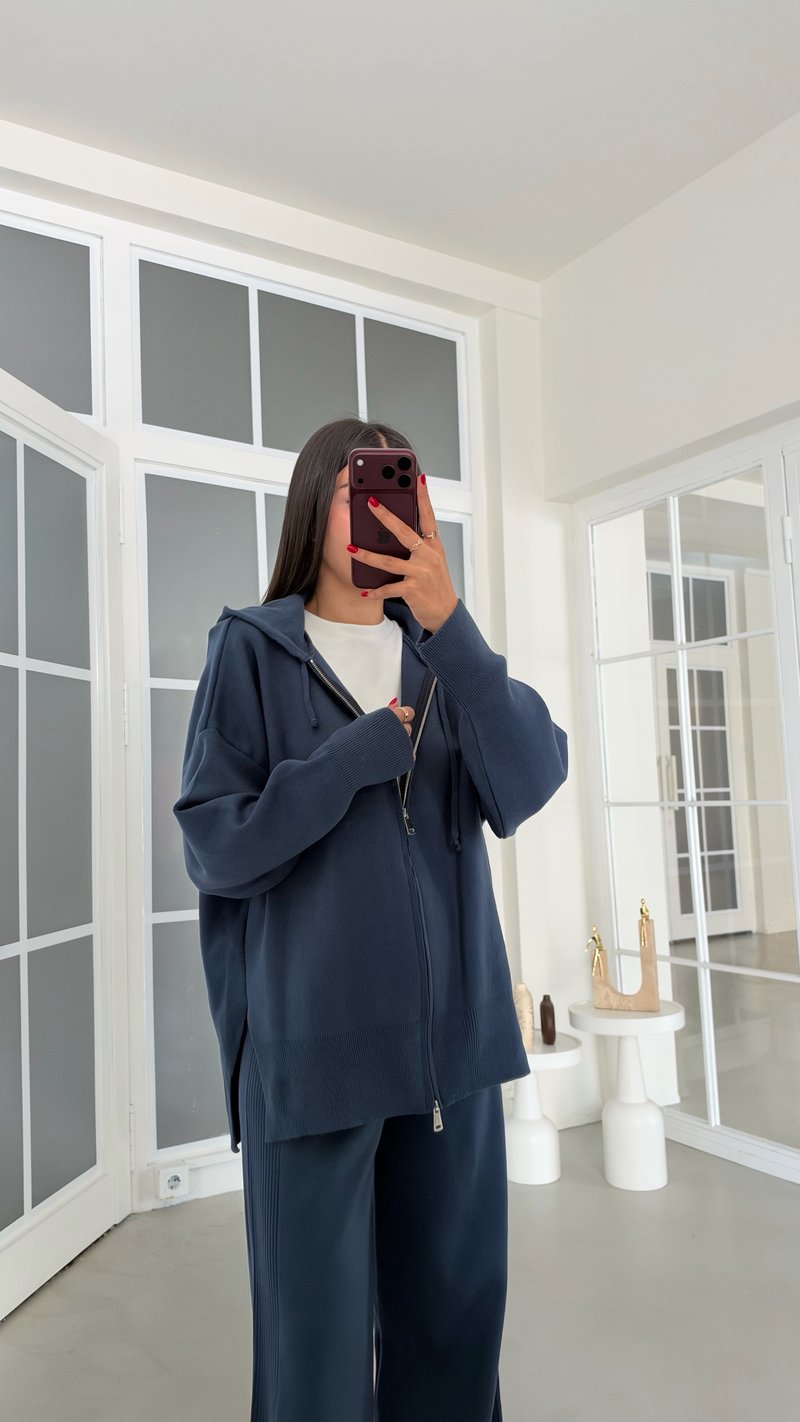 Koyu Mavi Çift Fermuarlı Hırka Beli Lastikli Pantolon İkili Triko Takım GAUS-02294