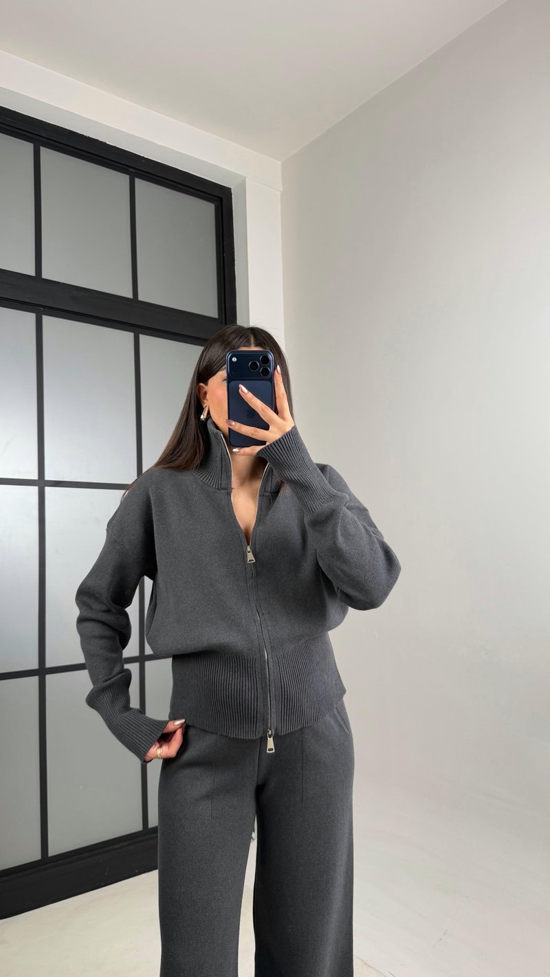 Antrasit Çift Fermuarlı Hırka Beli Lastikli Pantolon Triko Takım GAUS-01090