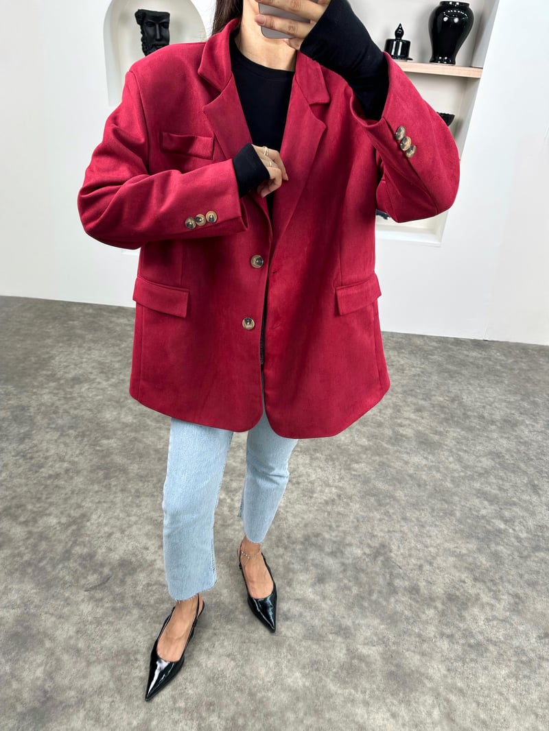 Taila Bordo Astarlı Kemerli Süet Blazer Ceket