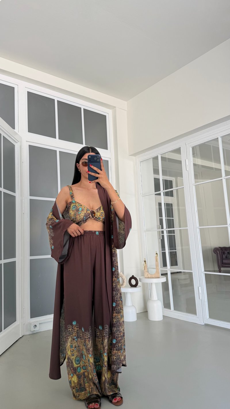 Kahve Kimono Crop Beli Lastikli Pantolon 3lü Desenli Premium Takım GAUS-01831