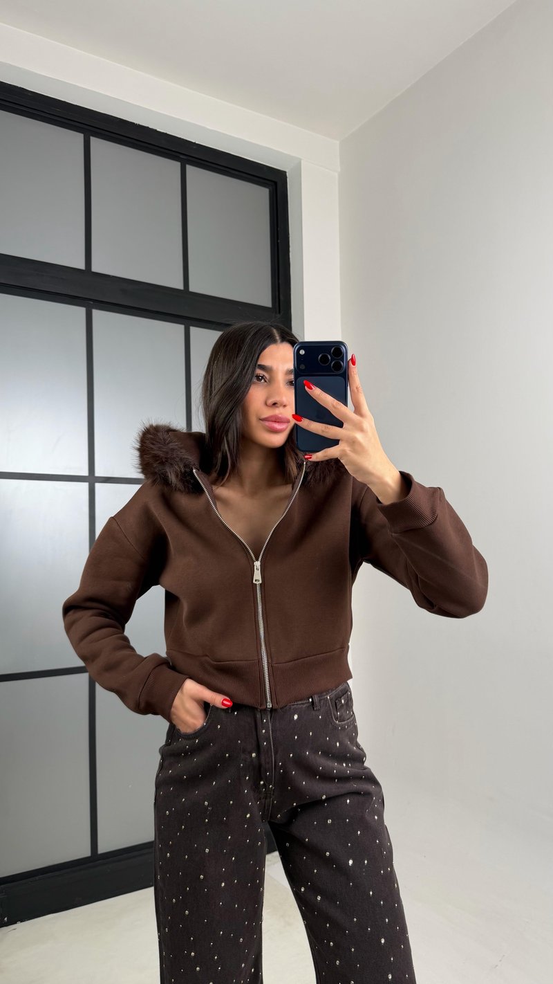 Kahve Kürk Yakalı Şardonlu Premium Sweatshirt GAUS-00959