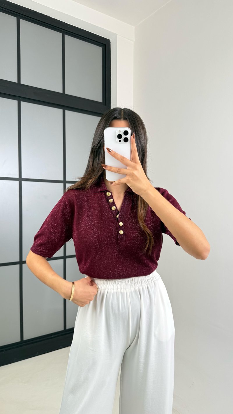 Mürdüm Simli Polo Yaka Düğmeli Triko Kazak GAUS-00469